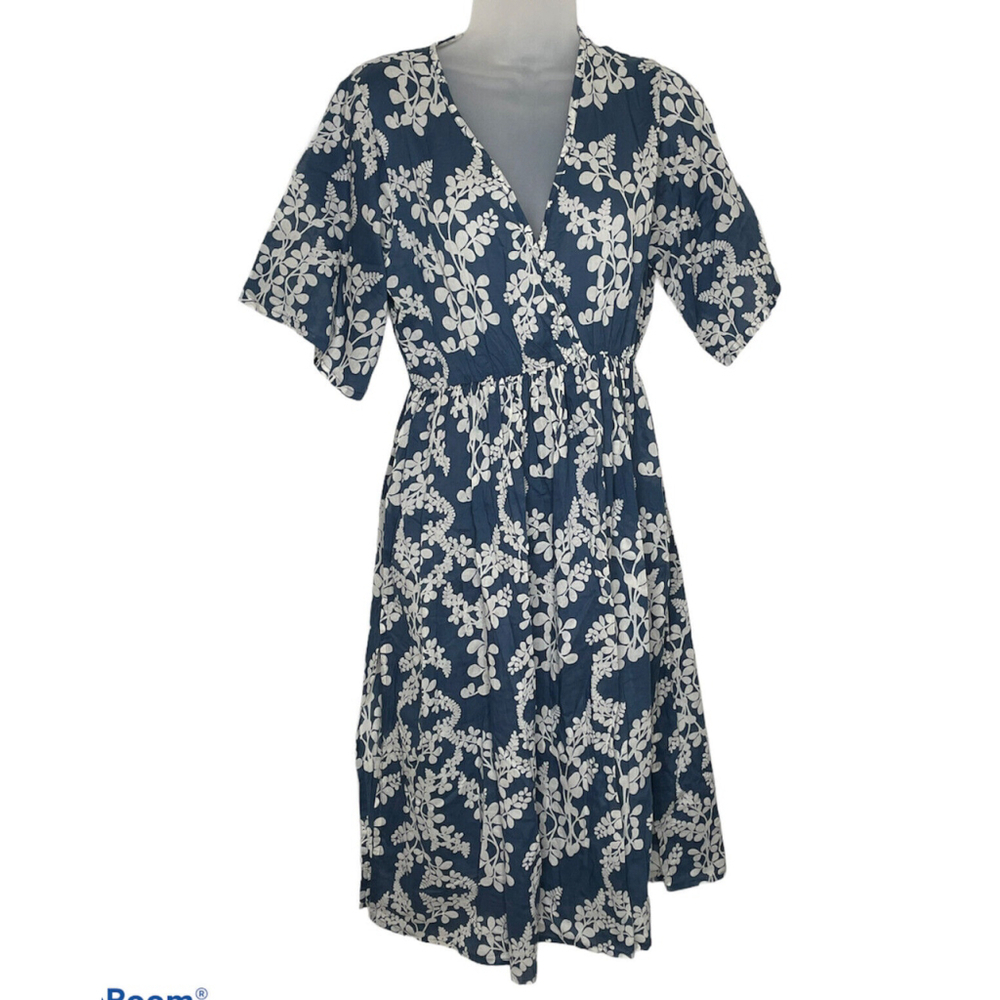Novica Screen Print‎ Cotton Dress Fanciful Leaves Blue and White Surplice